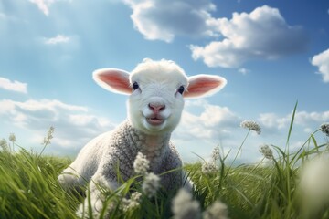 Fototapeta premium Cute lamb on green grass under blue sky with white clouds.