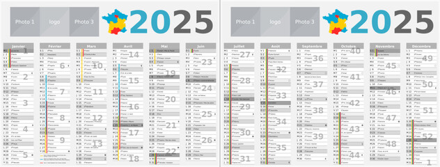 Calendrier 2025 12 mois au format 320 x 420 mm recto verso entièrement modifiable via calques et texte sans serif