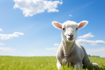 Naklejka na ściany i meble Cute lamb on green grass under blue sky with white clouds.