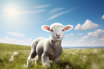 Obraz premium Cute lamb on green grass under blue sky with white clouds.
