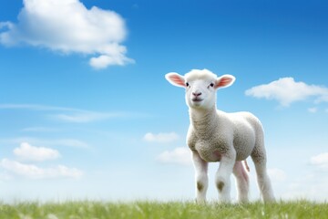Naklejka na ściany i meble Cute lamb on green grass under blue sky with white clouds.