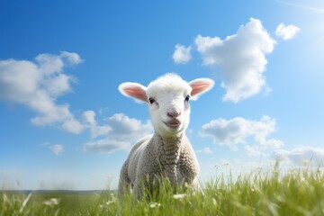 Fototapeta premium Cute lamb on green grass under blue sky with white clouds.