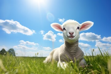 Fototapeta premium Cute lamb on green grass under blue sky with white clouds.