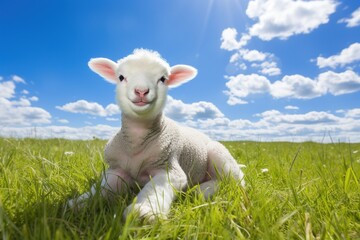Cute lamb on green grass under blue sky with white clouds.
