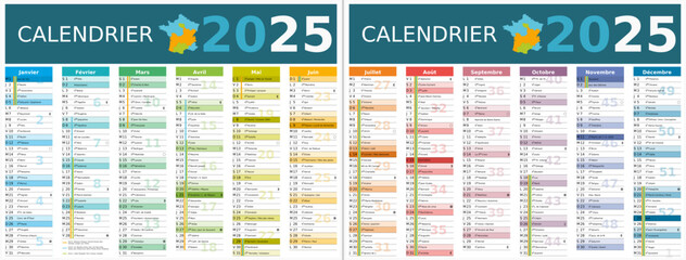 Calendrier 2025 12 mois au format 320 x 420 mm recto verso entièrement modifiable via calques et texte sans serif - obrazy, fototapety, plakaty