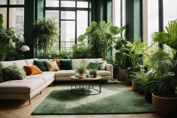 Fototapeta na wymiar A trendy urban apartment filled with lush green plants, showcasing a modern and eco-friendly living space. Generative A