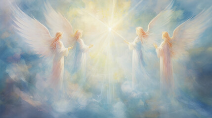 Digital art of colorful angels with open wings in the heavens. - obrazy, fototapety, plakaty