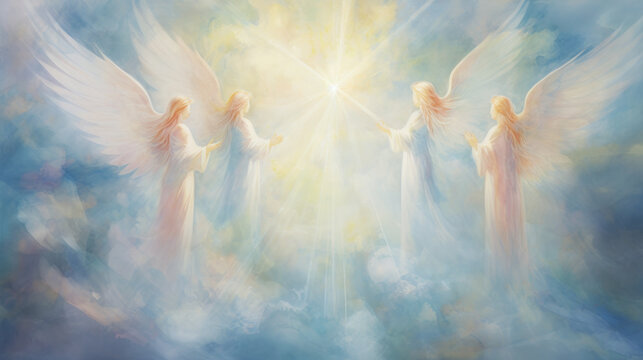 Digital art of colorful angels with open wings in the heavens.