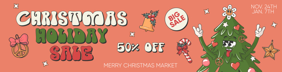 Naklejka premium Retro groovy Merry Christmas sale banner template with Christmas tree and text. Vector funky cartoon design for header of website.