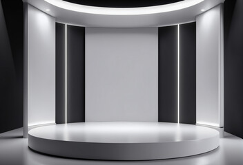 Empty Black White Rounded Futuristic Pedestal with White Lights Background for Product Placement