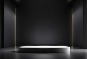 Empty Black Rounded Futuristic Pedestal with White Lights Background for Product Placement - obrazy, fototapety, plakaty