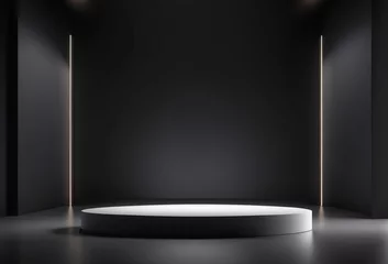 Fotobehang Empty Black Rounded Futuristic Pedestal with White Lights Background for Product Placement © Reytr