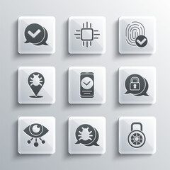 Set System bug, Safe combination lock, Cyber security, Smartphone, Eye scan, Check mark speech bubble and Fingerprint icon. Vector