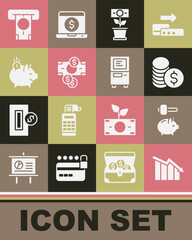 Set Financial growth decrease, Piggy bank and hammer, Coin money with dollar, Money plant the pot, Stacks paper cash, coin, ATM and icon. Vector