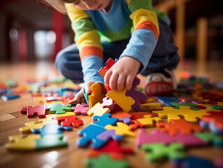 Child playing with colorful puzzle on the floor.