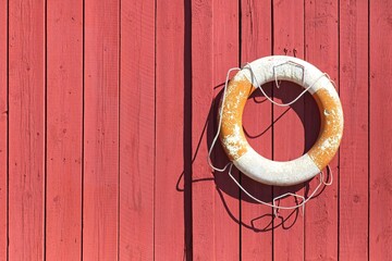 Old white and orange lifebuoy hanging on a red wooden wall.
