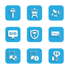 Set Auction hammer, painting, Hand holding auction paddle, Price tag with Sale, Bid, price and icon. Vector