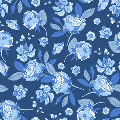 Vintage blue floral seamless pattern. Blooming indigo flowers - 672730188