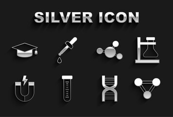 Obraz premium Set Test tube, flask on stand, Molecule, DNA symbol, Magnet, Graduation cap and Pipette icon. Vector