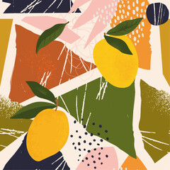 Collage contemporary mango seamless pattern. Modern exotic jungle fruits and plants illustration in vector.