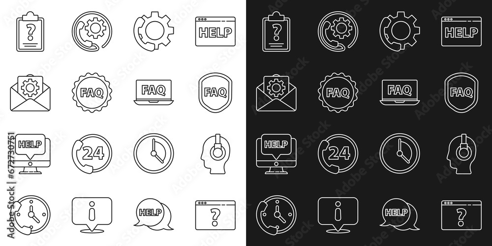 Poster set line browser with question mark, support operator in touch, shield text faq, telephone 24 hours 
