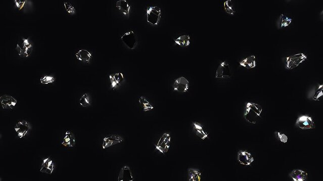 Bright gemstones move slowly on a black background. Seamless looping animation.