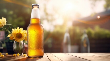 mockup beer bottle, blurry sunny background, copy space, 16:9