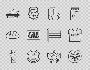 Set line Birch tree, Snowflake, Valenki, Rouble, ruble currency, Military tank, Made in Russia, National emblem of and USSR t-shirt icon. Vector