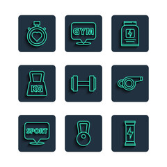 Set line Location gym, Kettlebell, Sports nutrition, Dumbbell, Weight, Heart in the center stopwatch and Whistle icon. Vector