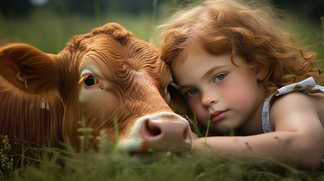 A girl with red hair lies on the grass next to a calf.