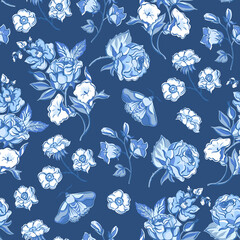 Vintage blue floral seamless pattern. Blooming indigo flowers