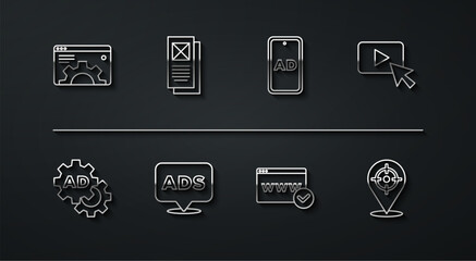 Set line Browser setting, Advertising, Website template, window, Target sport and icon. Vector