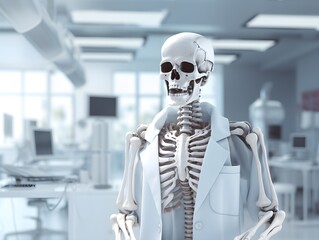 Skeleton in the doctor's suit standing at modern clinic room, working at the hospital, smiling. Corporate overtime. High quality photo, overworked workaholic medicine concept. - obrazy, fototapety, plakaty