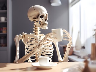 Skeleton drinking coffee in a cafeteria- 3D illustration of male human skeleton figure holding cup of tasty drink isolated on color modern studio background - obrazy, fototapety, plakaty