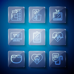 Set line Eyeglasses, Grandmother, IV bag, Retro tv, Medical prescription, Smart Tv, Pills in blister pack and Heart rate icon. Vector