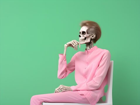 Skeleton employee in a office suit is sitting thinking, thoughtful, ironic. realistic high quality photo, dead human overworked exhausted on modern trendy green color background copy space 