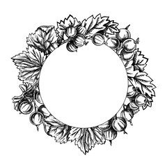 Round frame of currant elements, hand drawn black and white graphic vector illustration. Isolated on a white background. Design element for packaging, banners and menus, textiles and posters.