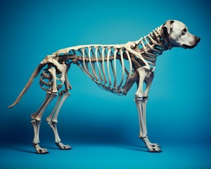3d rendered medically accurate illustration of the dog skeleton isolated on modern pastel blue color background, happy pet