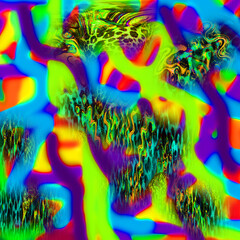 Combination textile collage pattern of neon colored leopard snake tiger textures
