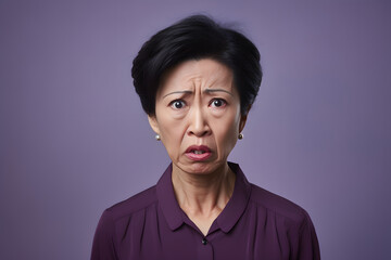 Fototapeta premium Disgusted mature Asian woman portrait on magenta background. Neural network generated photorealistic image. Not based on any actual person or scene.