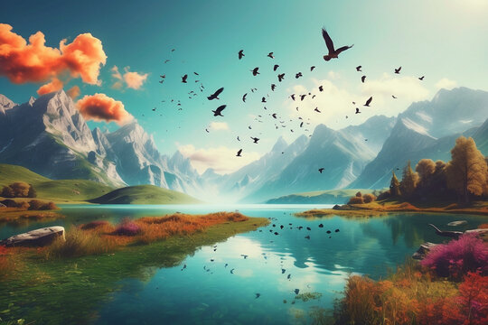 Mountains with lake, flying birds and clouds AI Generated