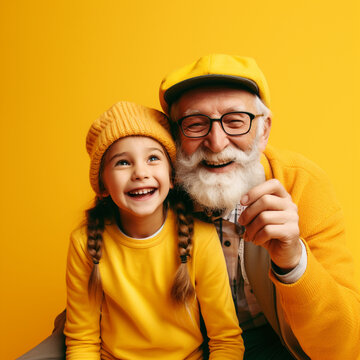 Grandfather and granddaughter taking a selfie on a yellow background.