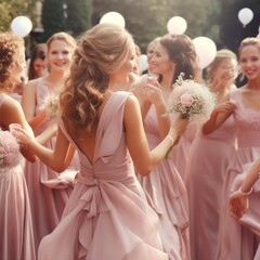 Pink themed outdoor wedding bridesmaids and guests are dancing - obrazy, fototapety, plakaty