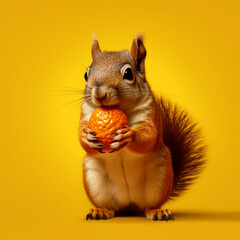 Squirrel eating an acorn on a yellow background.