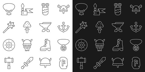 Set line Magic rune, Necklace with gem, Anchor, Quiver arrows, Mushroom, Mace spikes, and Anvil for blacksmithing icon. Vector