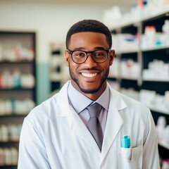 A Black pharmacist wearing a lab coat and smiling in the pharmacy background