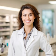 A woman pharmacist wearing a lab coat and smiling in the pharmacy background
