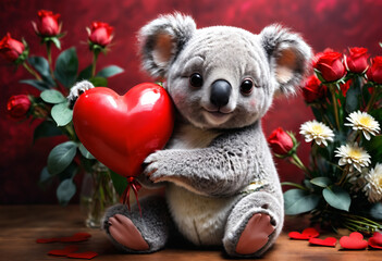 Cute and adorable little fluffy koala hold red heart. Generative AI - obrazy, fototapety, plakaty