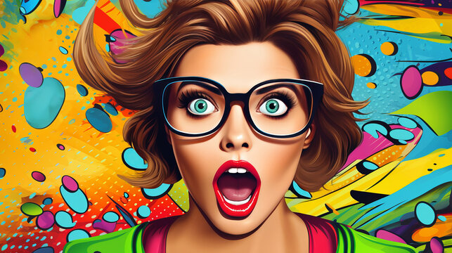 Portrait of surprised woman in glasses in retro pop art style, astonishment on woman face with bold colors and dynamic shapes evoking spirit of 1960s, vintage advertising billboard of shocked female