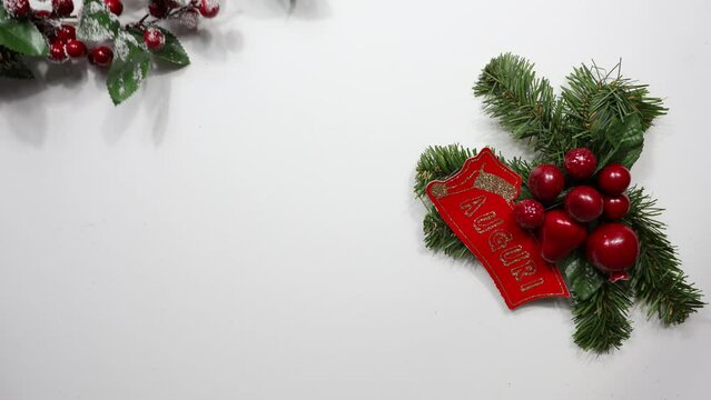WISHES written in Italian with Christmas decorations. Left side a branch with pine cones, red berries and snow, copy space.